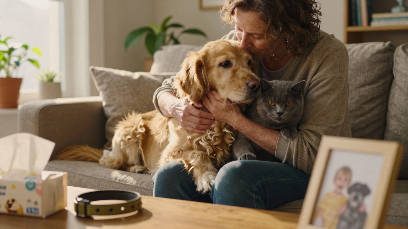 Pessoa sentada no sofá a abraçar um cão dourado e um gato cinzento, com ambiente acolhedor em casa.