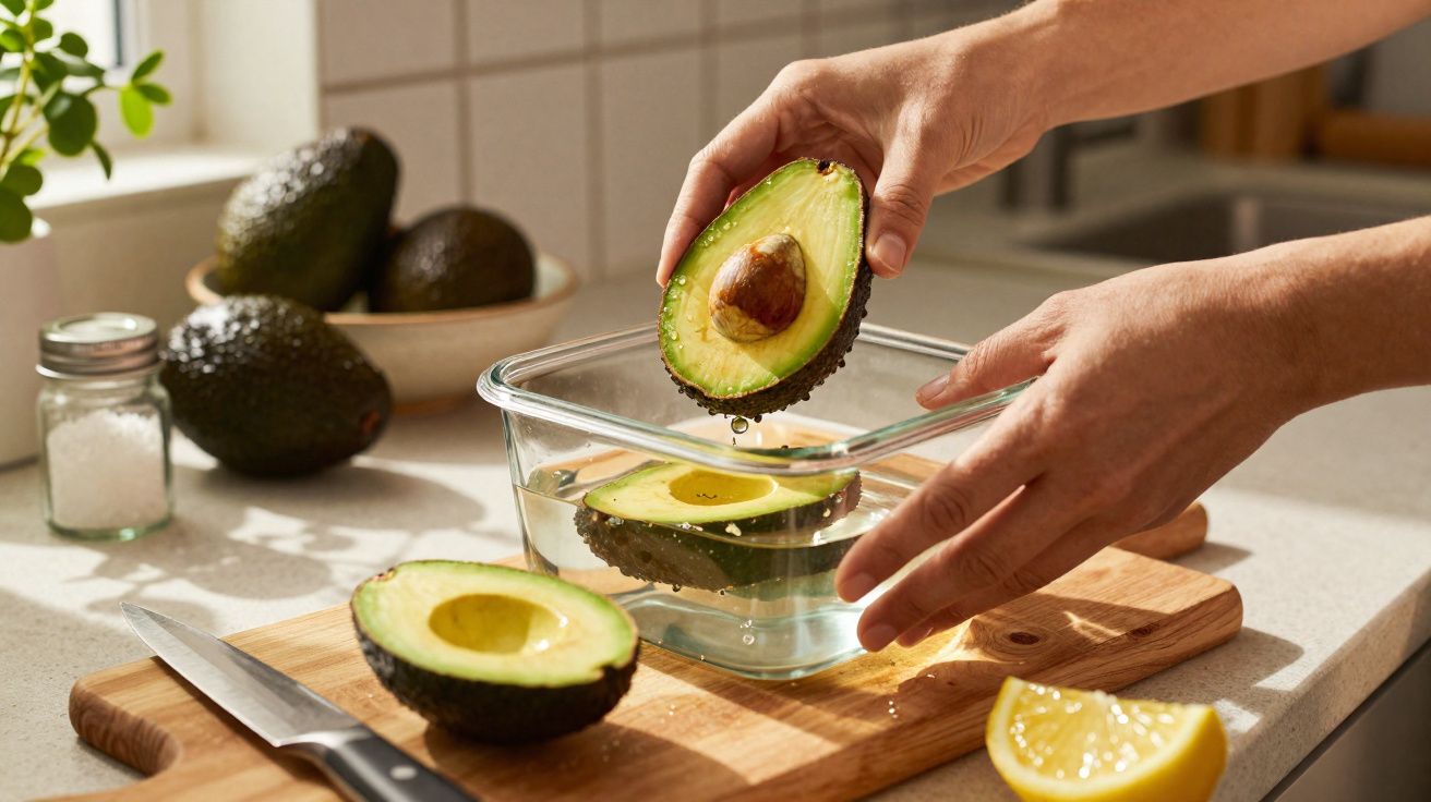 Mãos a colocar metade de abacate num recipiente com água, rodeado de abacates inteiros e uma faca numa tábua de madeira.