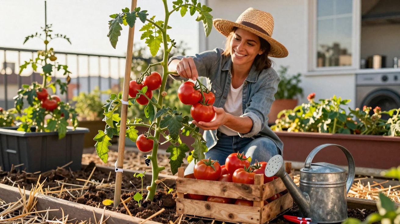 Mulher a colher tomates maduros numa horta urbana com chapéu de palha e regador ao lado.