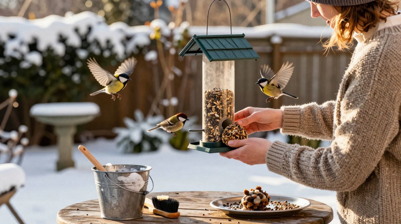 Mulher de suéter a encher comedouro para pássaros no jardim com neve e pássaros a voar.