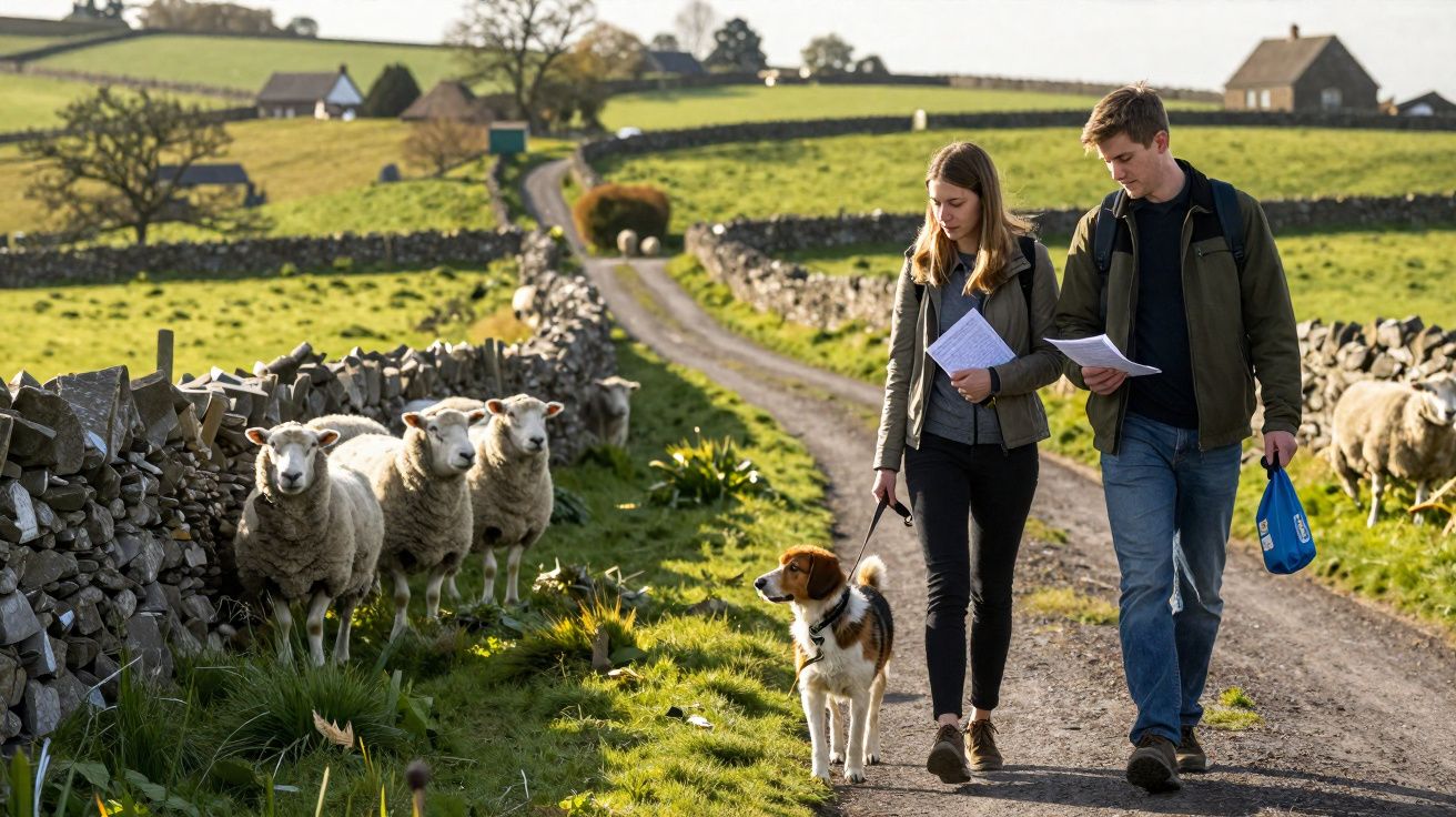 Casal a caminhar com um cão num caminho rural, pasto com ovelhas e paredes de pedra ao redor.