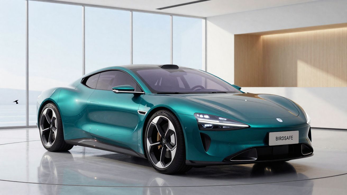 Carro desportivo elétrico verde metálico estacionado em ambiente interior moderno com grandes janelas.