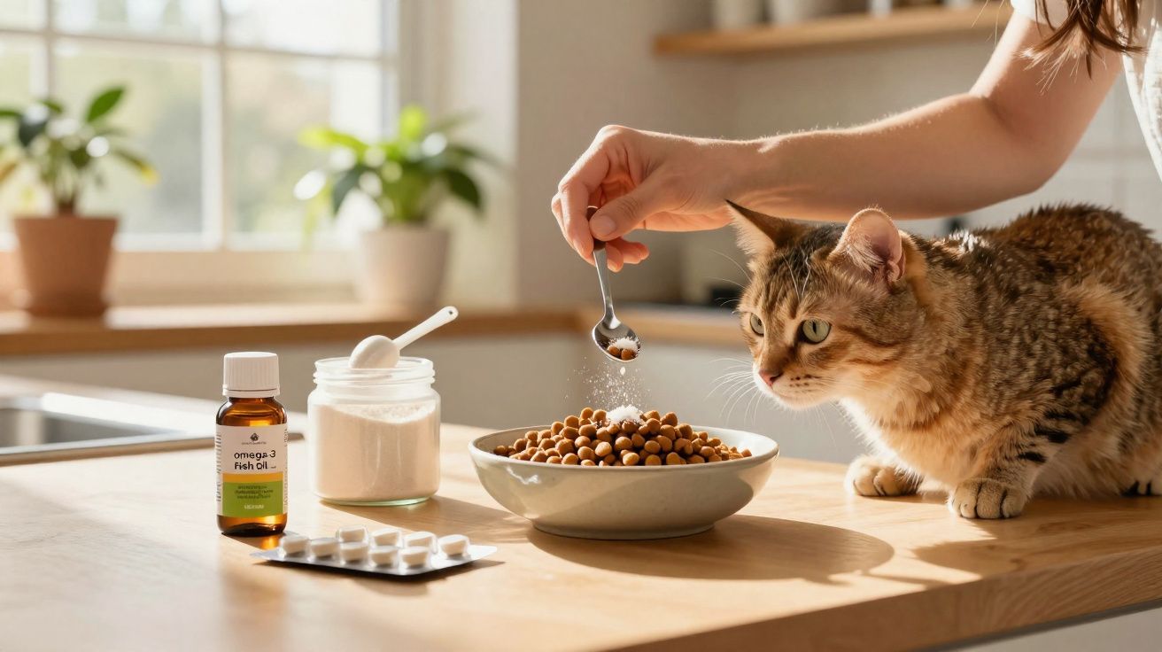 Pessoa a polvilhar medicamento em ração para gato sentado numa bancada de cozinha iluminada.