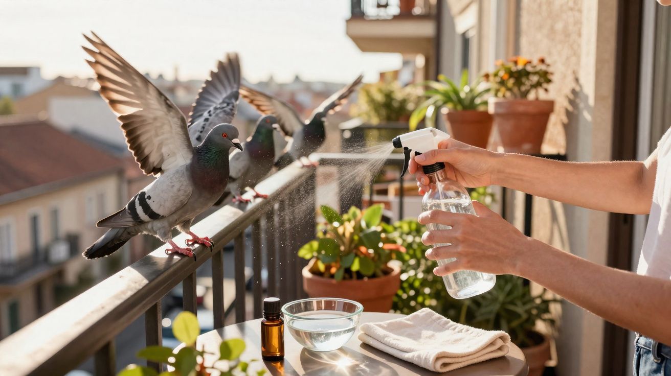 Pessoa a pulverizar água para afastar pombos de um varandim com plantas e vasos ao fundo.