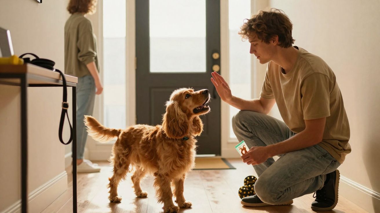 Jovem agachado a treinar um cão castanho claro num corredor iluminado, com pessoa ao fundo.