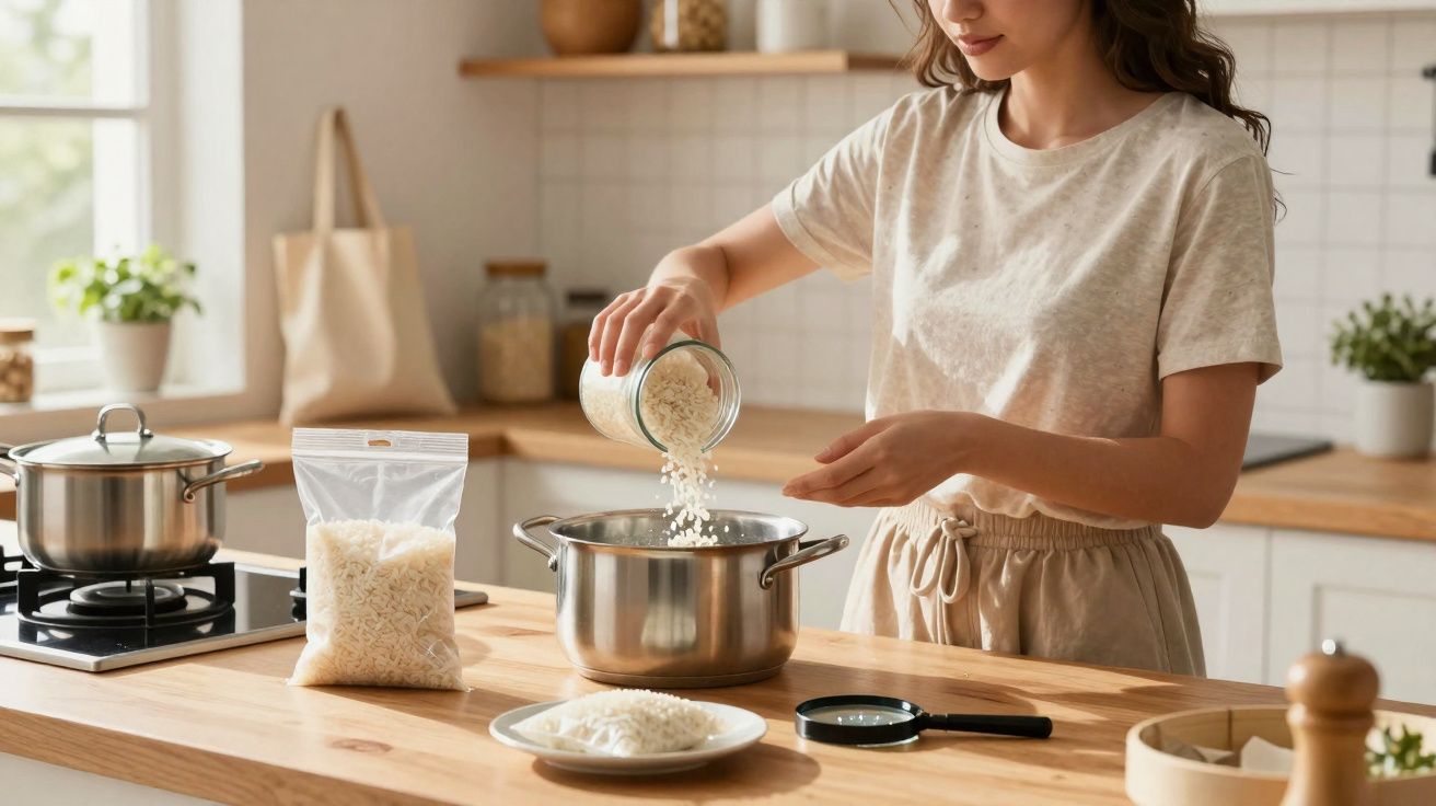 Mulher a cozinhar arroz numa panela na cozinha moderna com utensílios e ingredientes à volta.