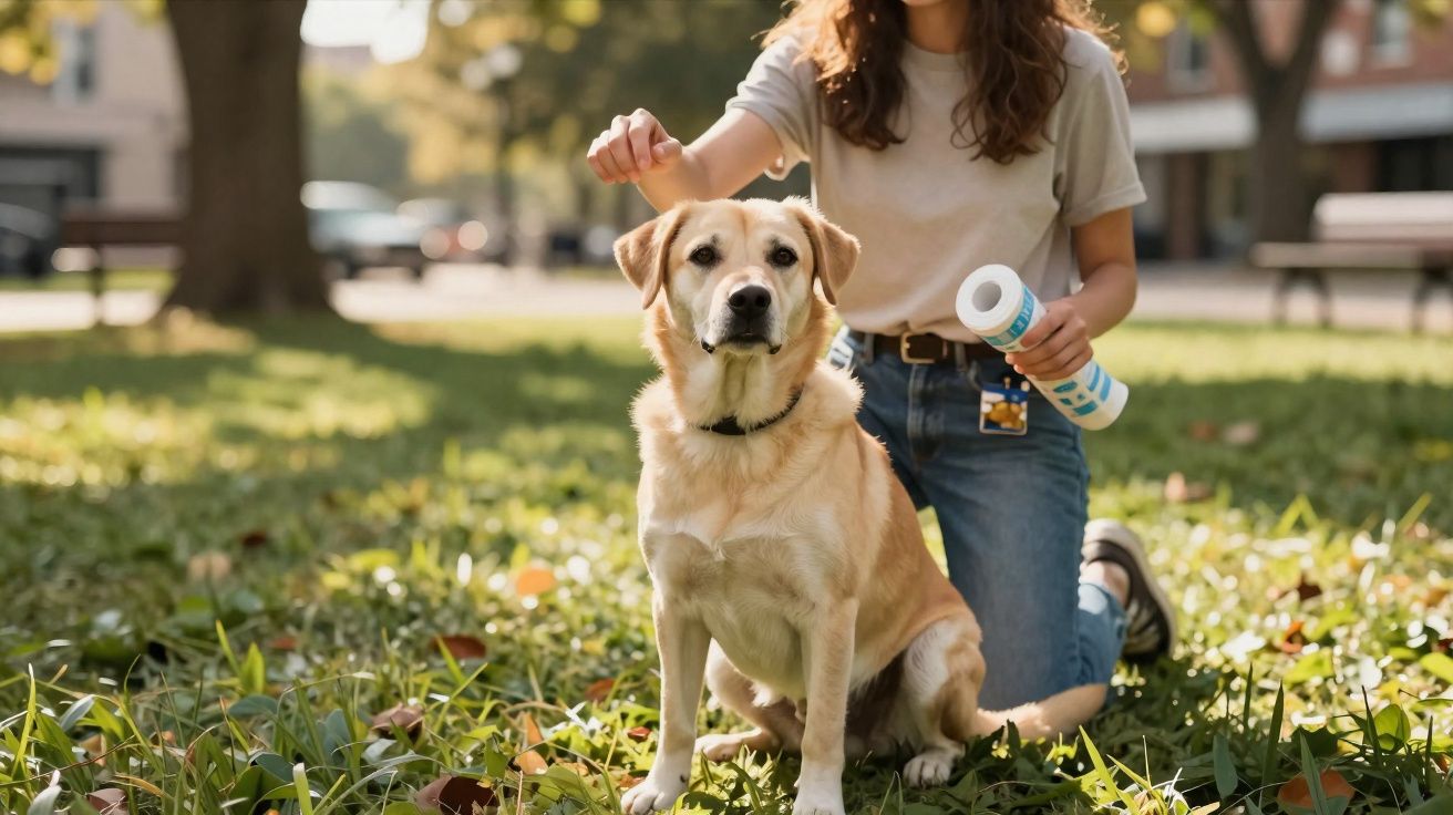 Mulher de joelhos no parque segura saco de plástico enquanto treina cão Labrador amarelo sentado na relva.