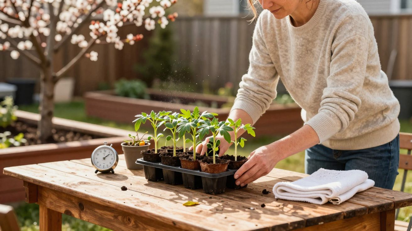 Mulher a cuidar de plantas jovens num recipiente sobre mesa de madeira num jardim ensolarado.