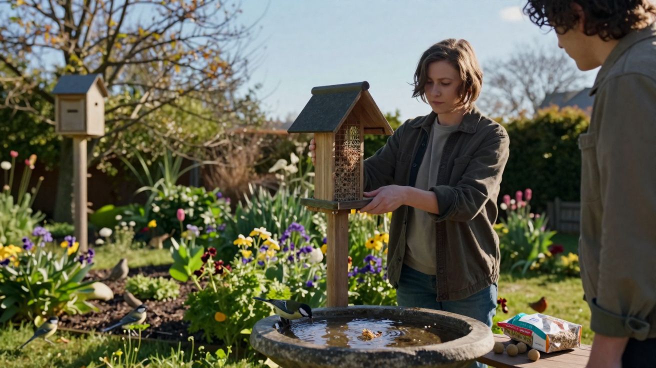 Pessoa a colocar comida para pássaros em comedouro num jardim florido ao ar livre.
