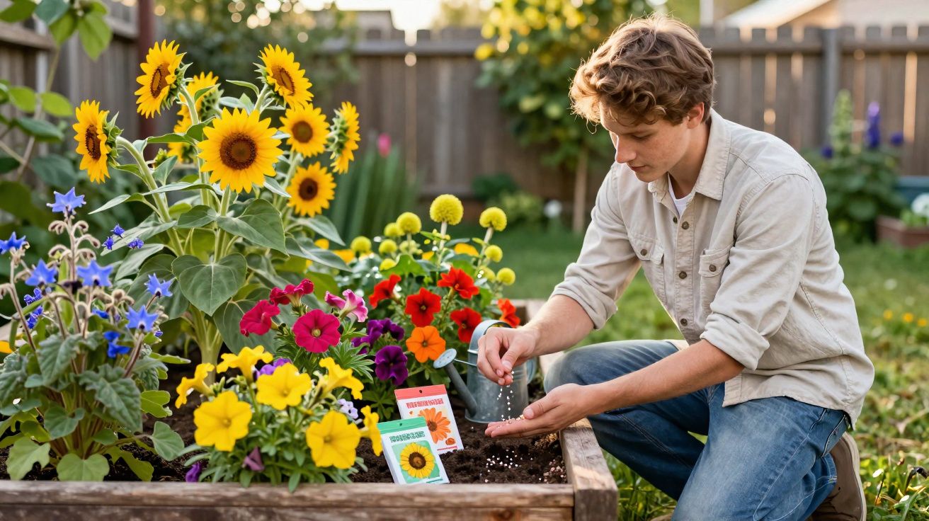 Homem jovem a semear flores num canteiro com girassóis e diversas flores coloridas.