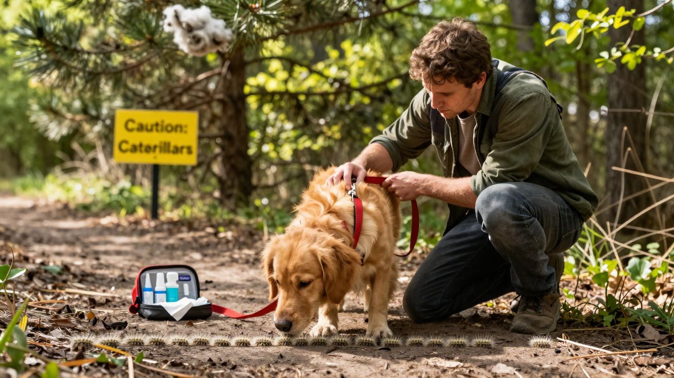 Homem protege cão com coleira e kit de primeiros socorros enquanto evitam lagartas numa floresta.
