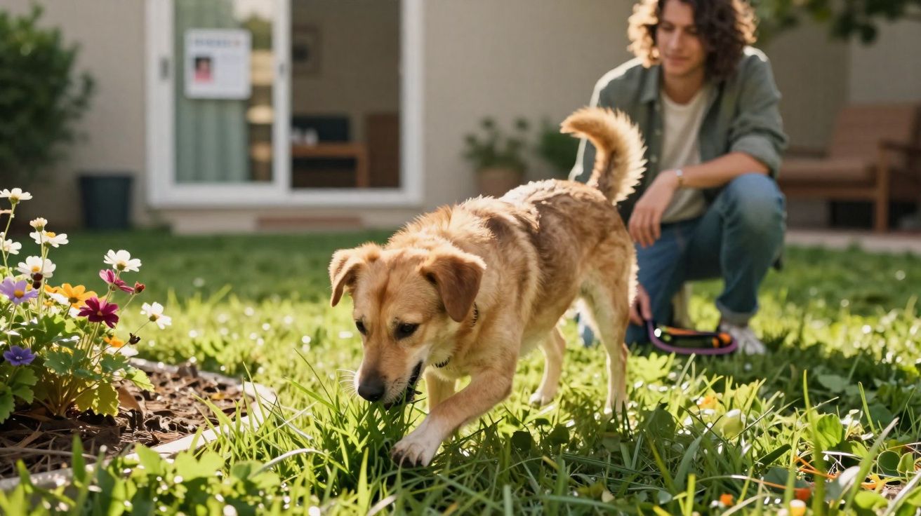 Cão castanho caminhando na relva com pessoa ao fundo segurando trela num jardim ensolarado.
