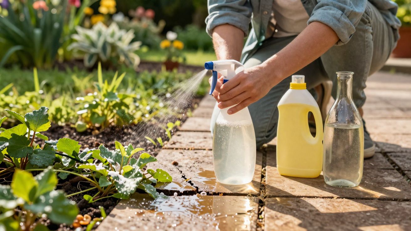Pessoa a pulverizar plantas num jardim com frascos de líquidos ao lado numa manhã solarenga.