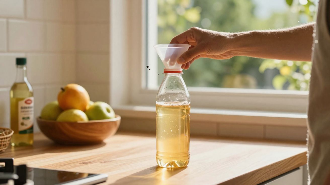 Mão a verter líquido amarelo numa garrafa plástica transparente na cozinha junto à janela com frutas e azeite ao fundo.