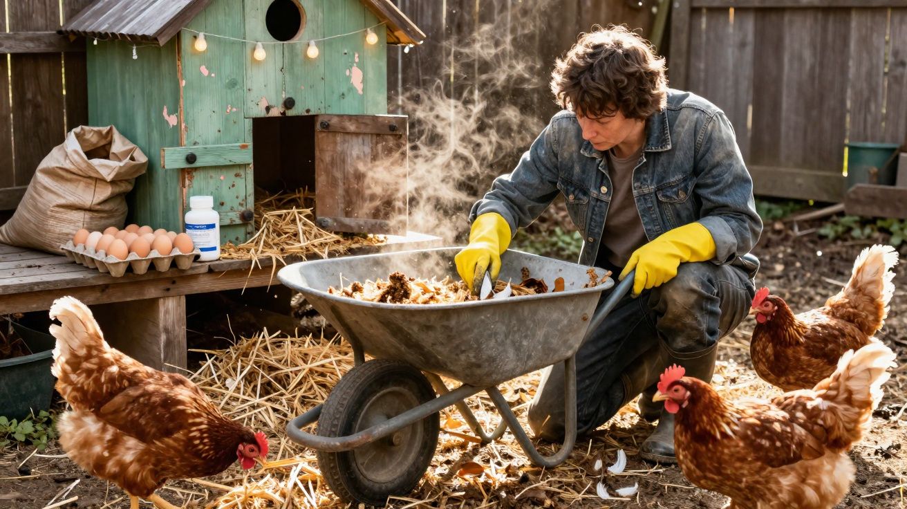 Pessoa a mexer com estrume numa carroça de mão junto a galinhas numa quinta com casa de galinhas.