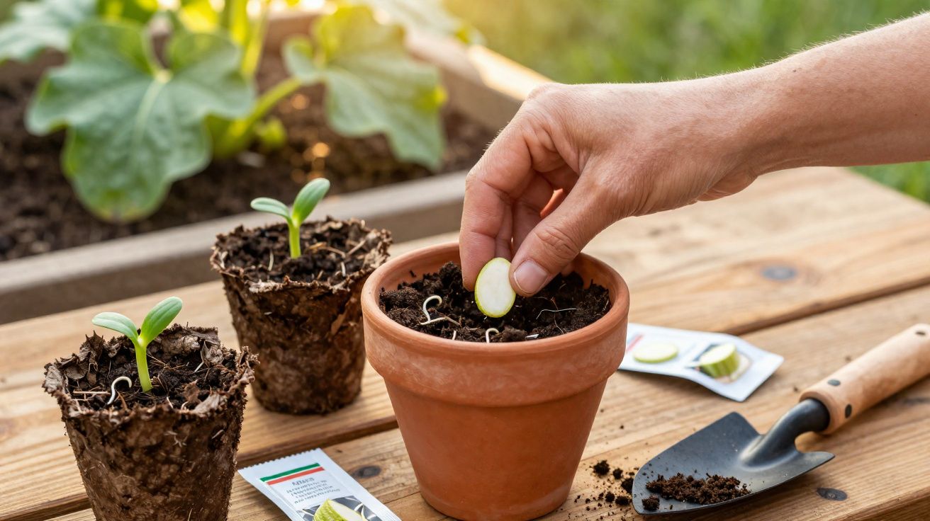 Mão a plantar semente de abóbora em vaso de barro com mudas e utensílios de jardinagem em madeira.