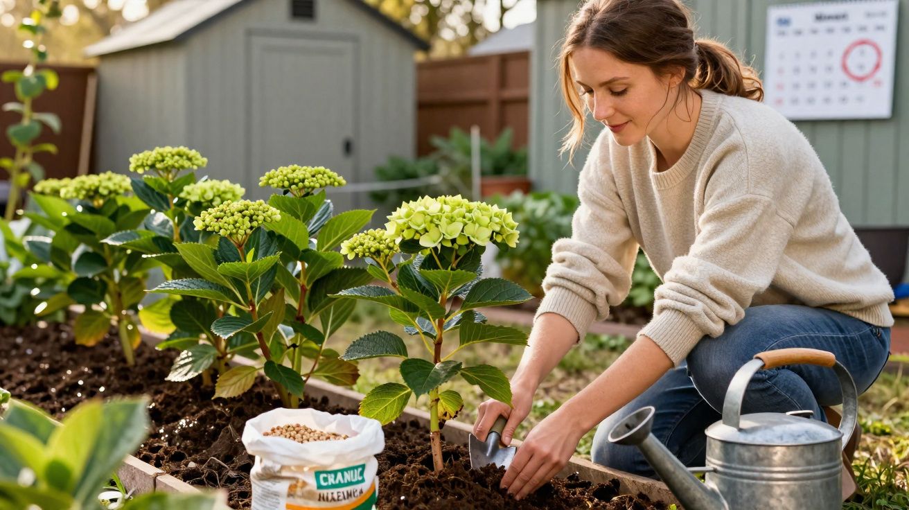 Mulher a cuidar de plantas num canteiro de jardim com regador e sementes por perto.