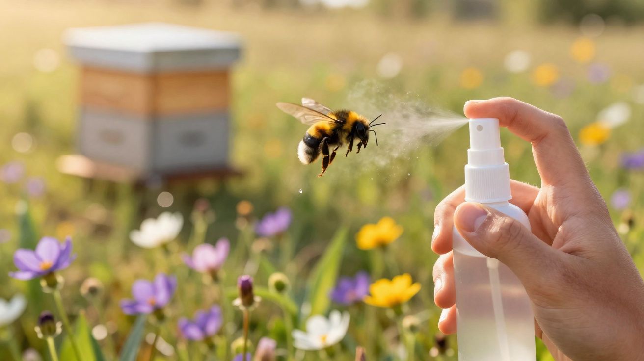 Pessoa pulveriza spray em abelha voadora junto a flores coloridas e colmeia desfocada ao fundo.