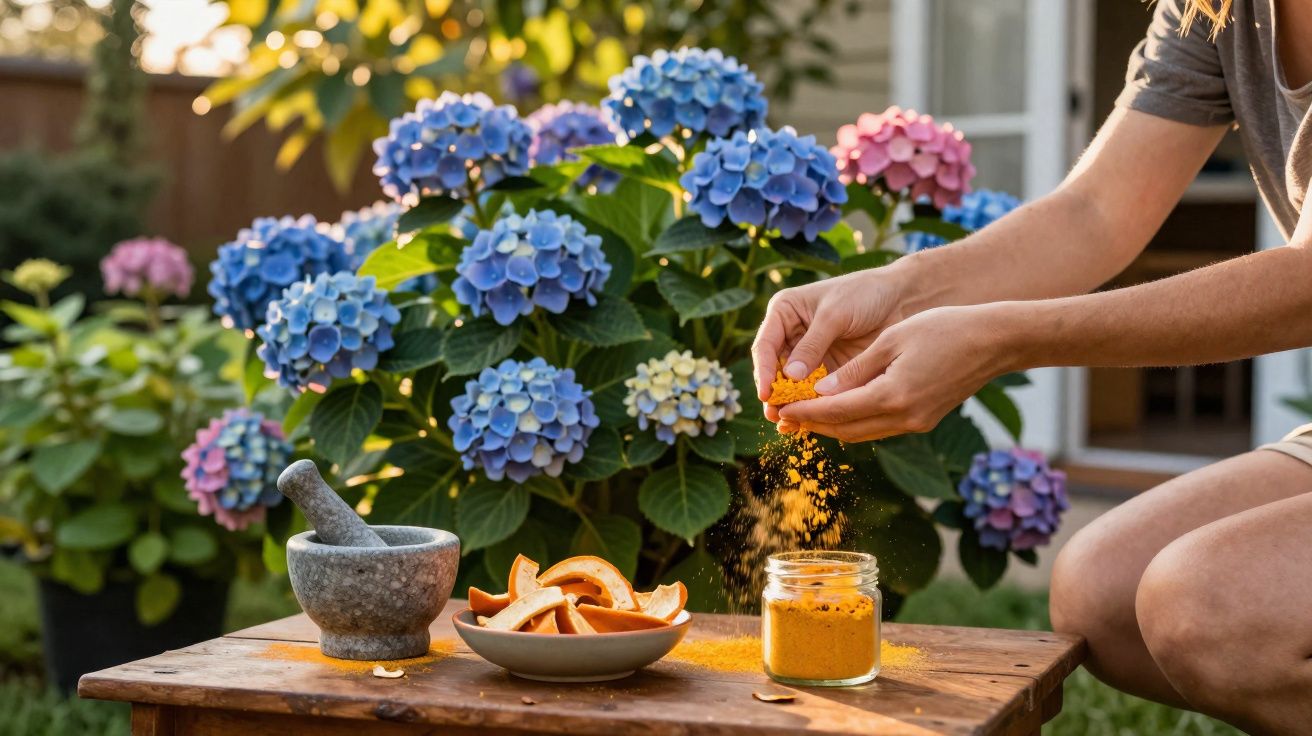 Pessoa espreme cúrcuma fresca em pote de vidro junto a flores azuis e rosa no jardim.