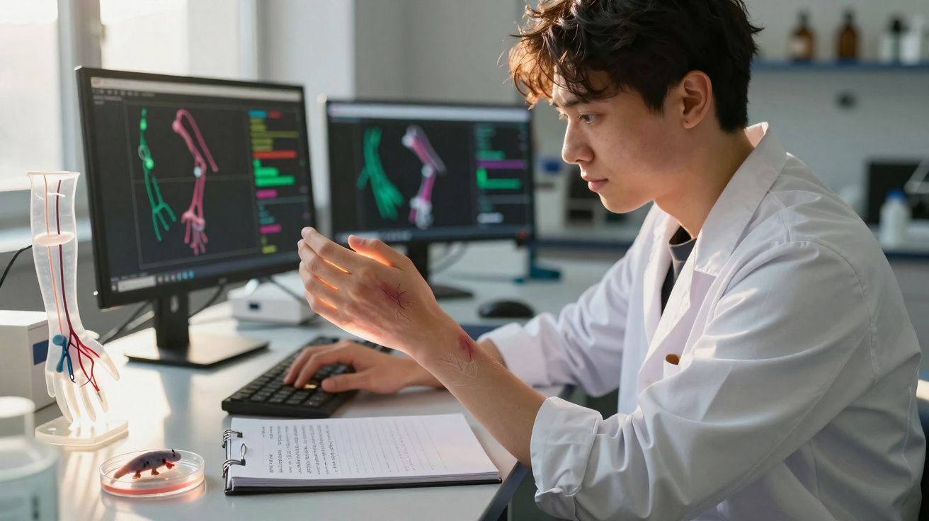 Cientista em bata branca analisa simulação na mão com imagens de anatomia de membro superior no ecrã.