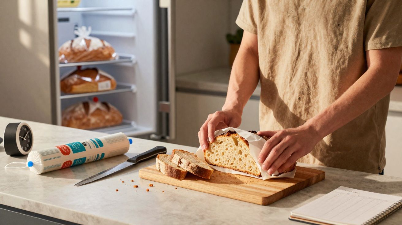 Pessoa a embalar pão fresco cortado numa tábua de cozinha com outras broas no frigorífico aberto.
