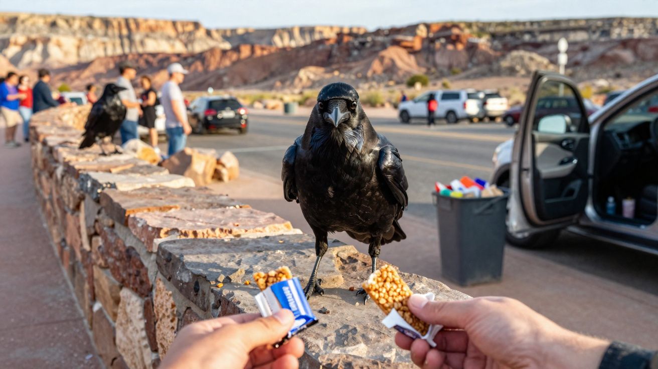 Pombo preto numa pedra a ser alimentado por duas mãos com snacks, com estrada, carros e pessoas ao fundo.