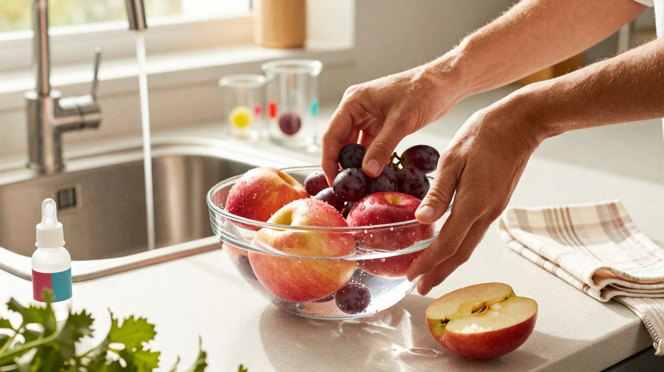 Pessoa a lavar maçãs e uvas numa tigela de vidro na cozinha iluminada.