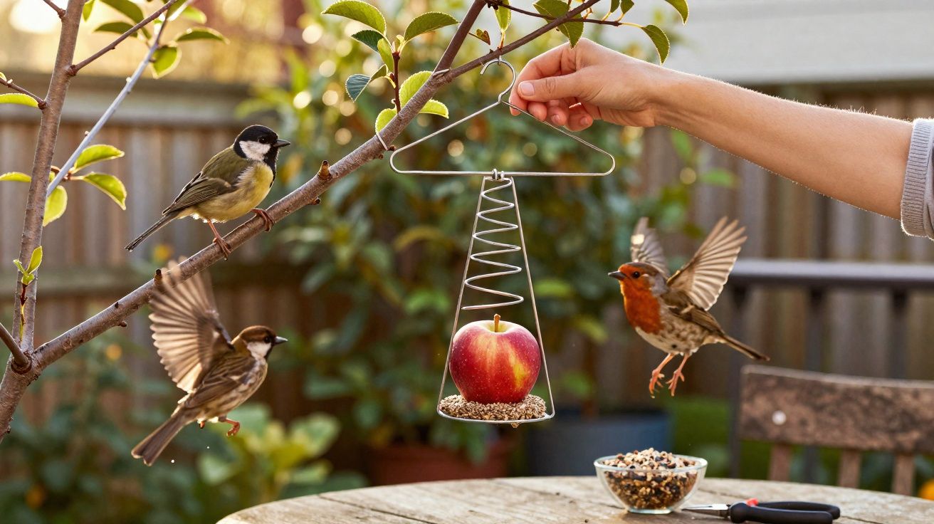 Mão segura comedouro metálico com maçã e sementes, enquanto três pássaros voam e pousam num ramo.