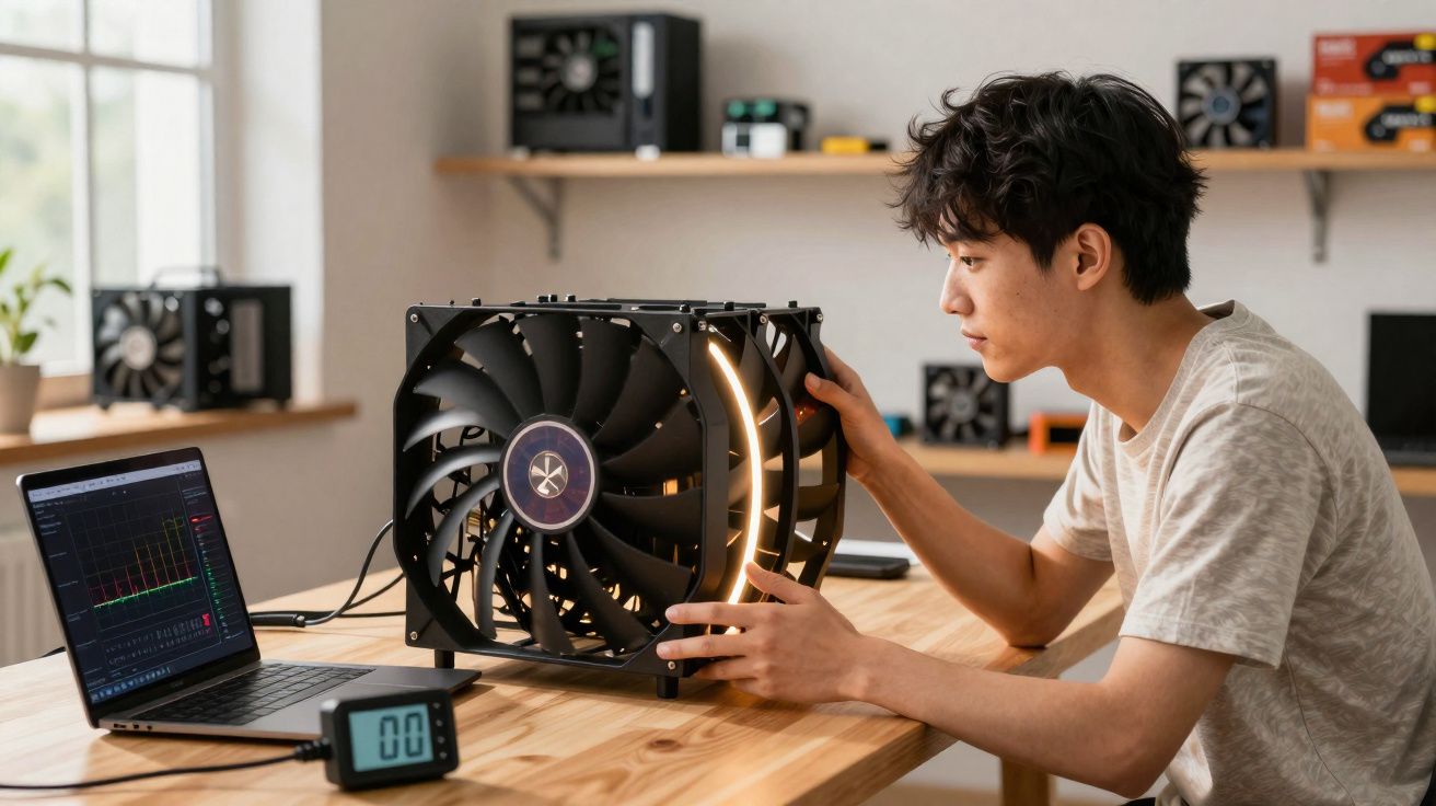 Jovem a examinar ventilador gigante de computador enquanto monitora dados numa mesa de madeira.