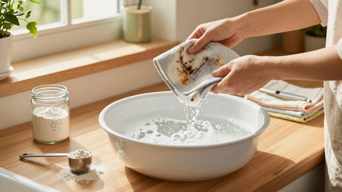 Pessoa a lavar um pano sujo num recipiente branco com água numa bancada de cozinha junto a uma janela.