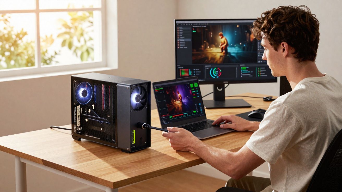 Jovem sentado numa secretária com PC desktop e dois ecrãs a editar vídeo de jogo digital.