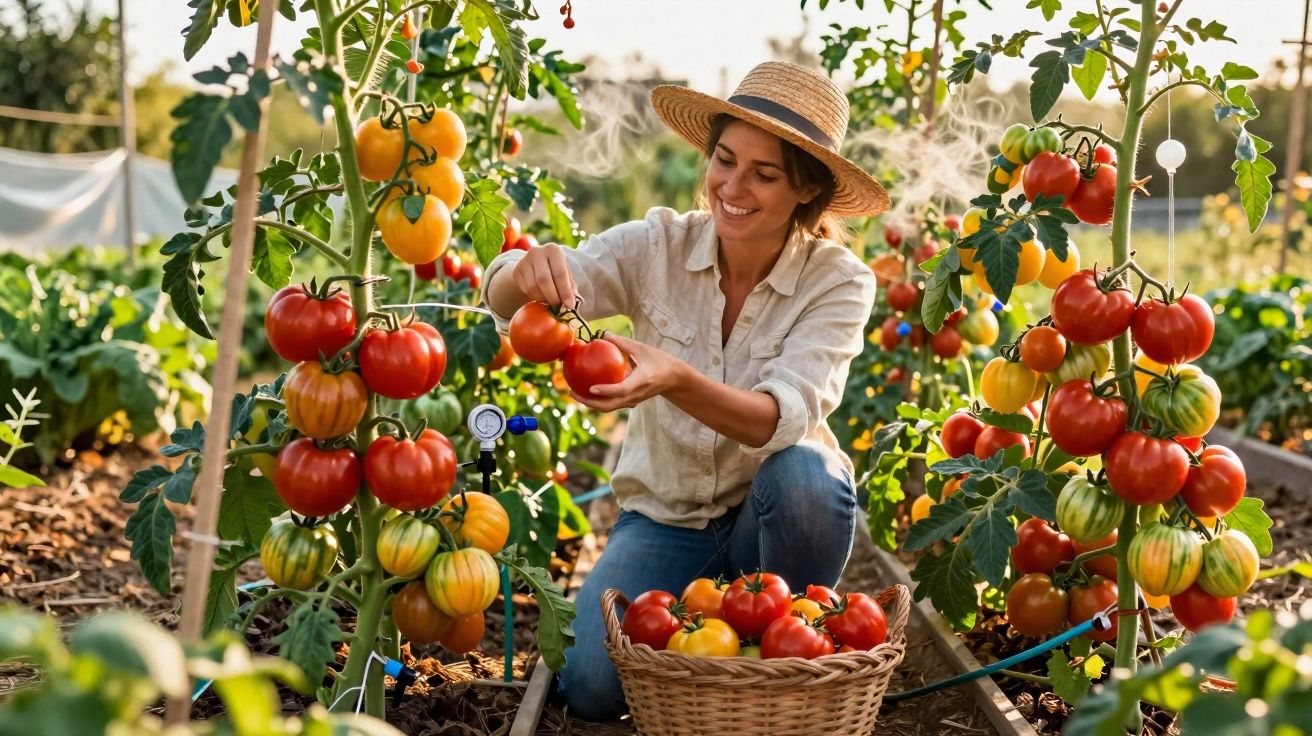 Mulher com chapéu a colher tomates maduros numa horta, com cesta cheia de tomates ao seu lado.