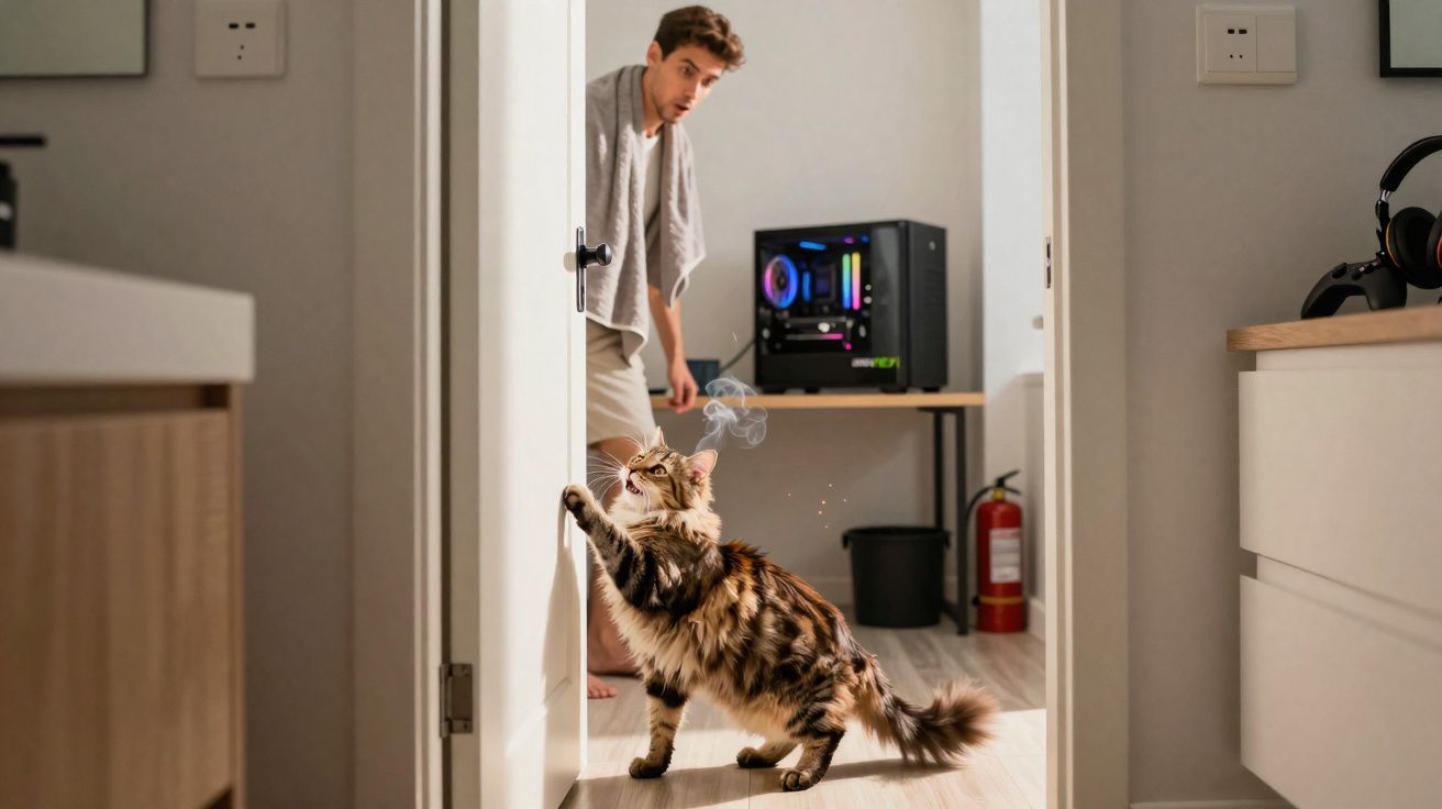 Gato arranha porta com dono surpreendido ao fundo num ambiente doméstico moderno.