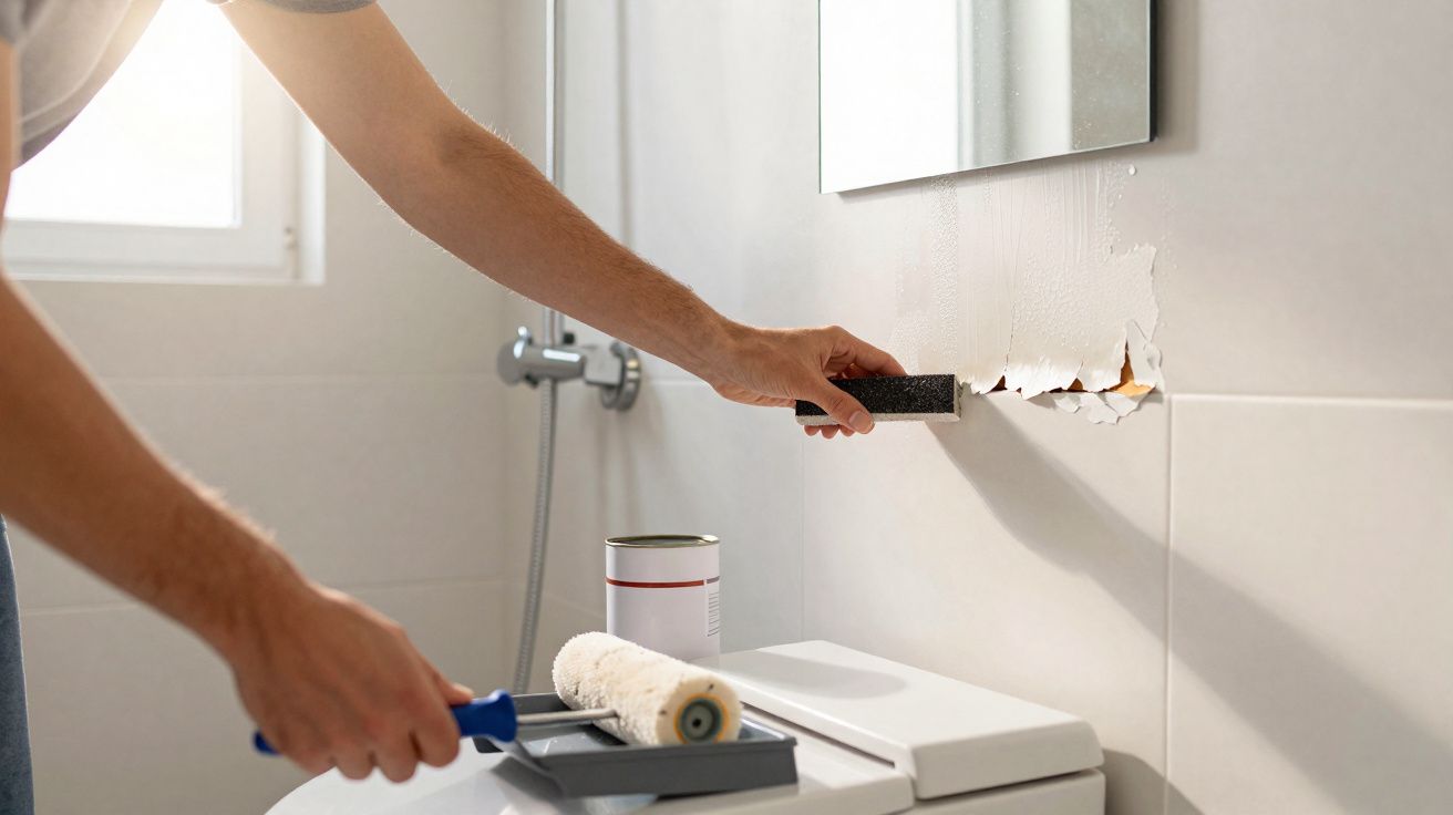 Pessoa a raspar tinta antiga da parede de uma casa de banho com uma espátula, ao lado de um rolo de pintura.