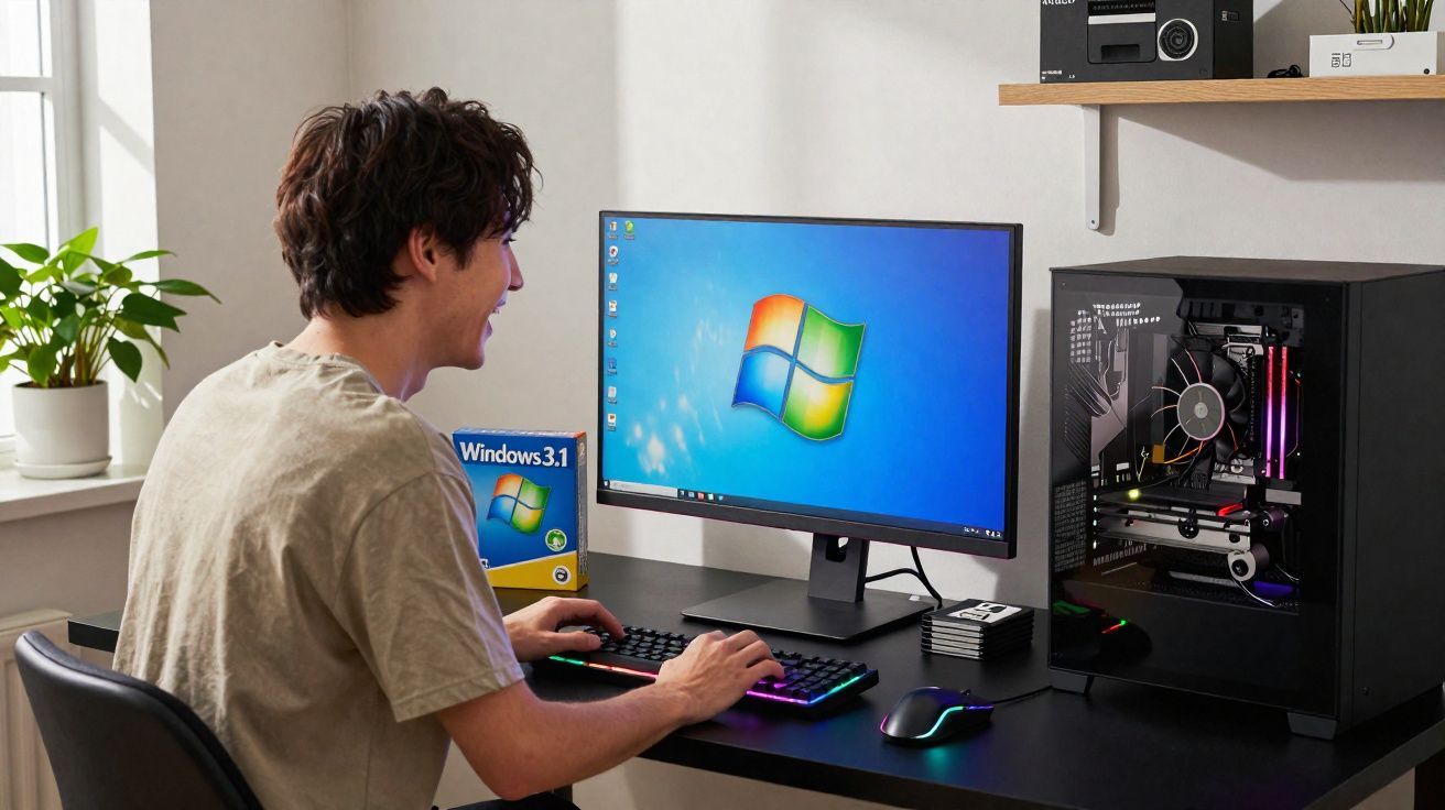 Homem jovem sentado a usar computador com ecrã Windows 7, torre de PC e caixa de Windows 3.1 ao lado.