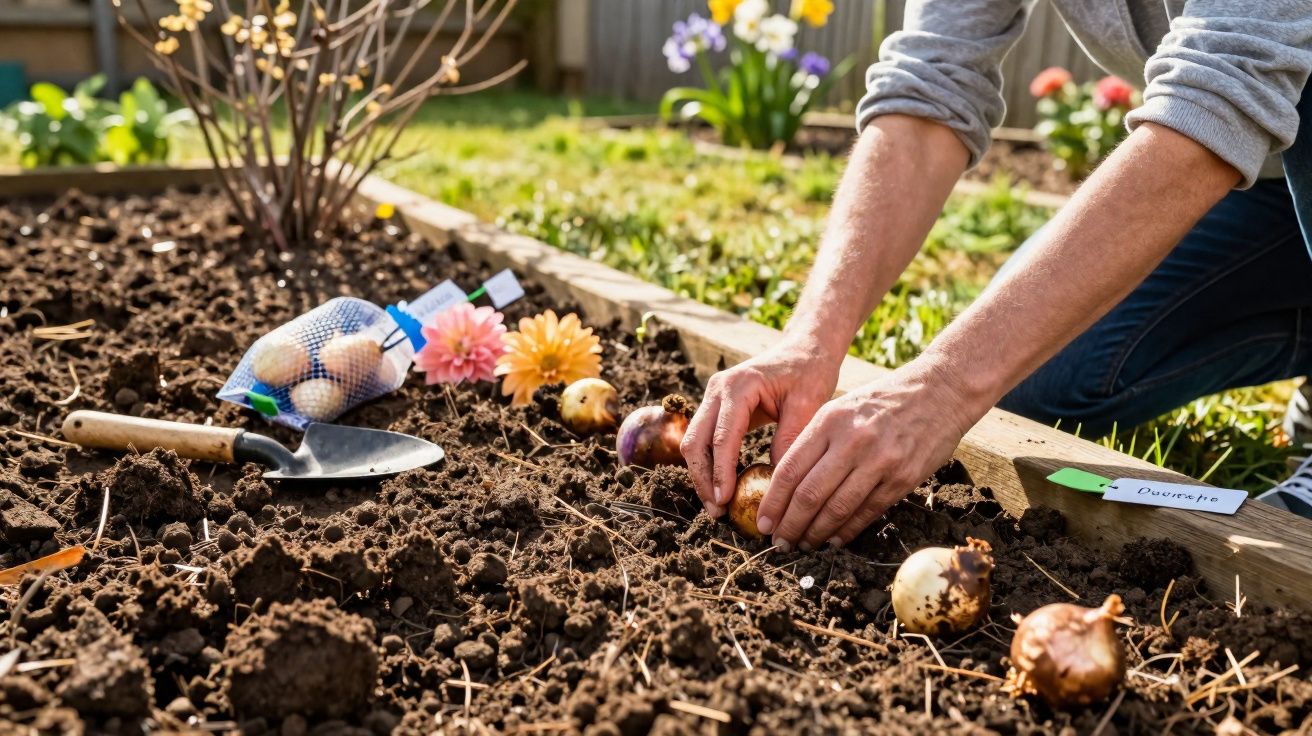 Pessoa a plantar bulbos de flores na terra de um canteiro num jardim ensolarado.