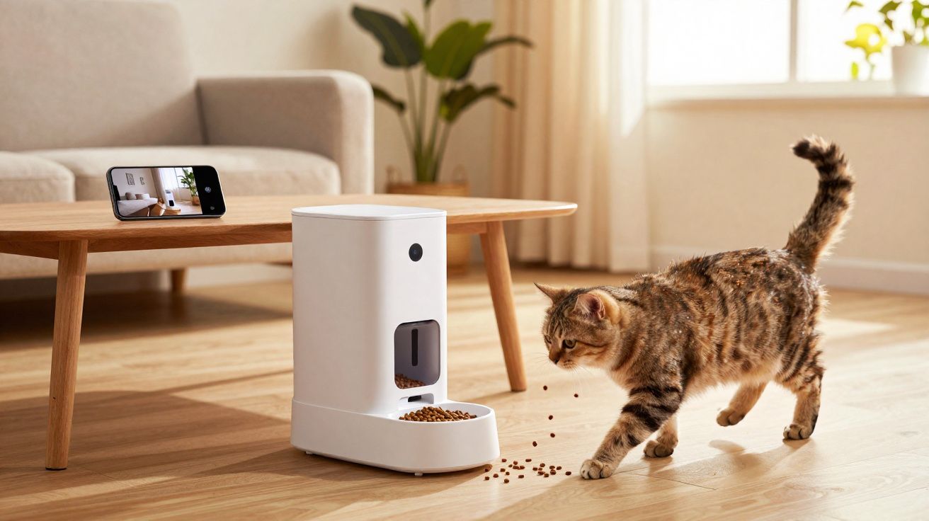 Gato a comer ração deixada por dispensador automático ligado a smartphone numa sala iluminada e moderna.