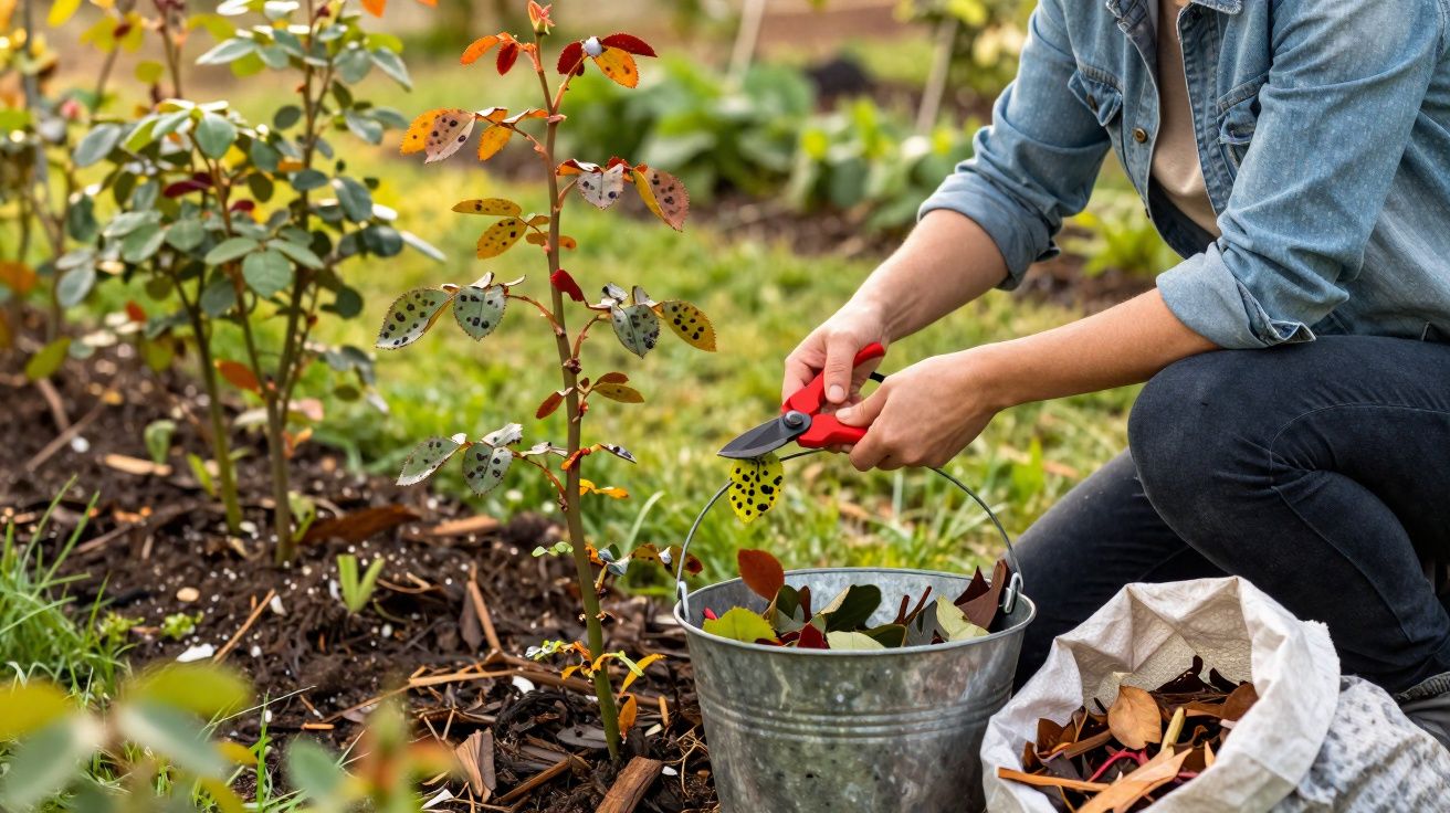 Pessoa a podar folhas doentes de uma planta num jardim usando tesoura e depositando-as num balde metálico.