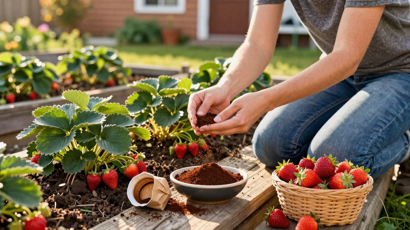 Pessoa a adicionar composto orgânico em canteiro de morangos num jardim com morangos maduros numa cesta.