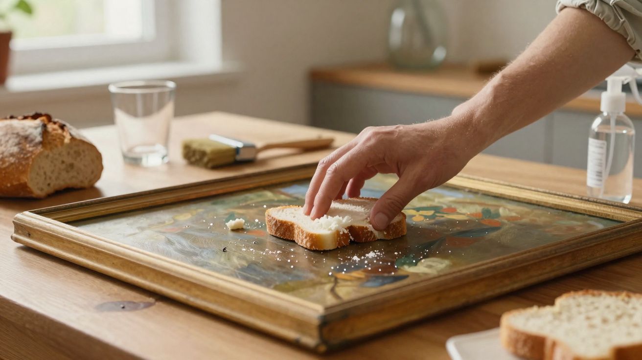 Pessoa a passar manteiga numa fatia de pão sobre uma moldura com pintura numa mesa de madeira.