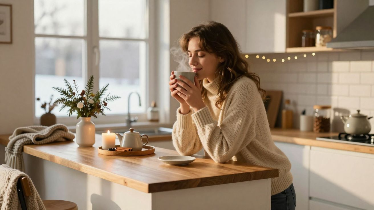 Mulher jovem a saborear bebida quente numa cozinha luminosa e acolhedora com luz natural de manhã.