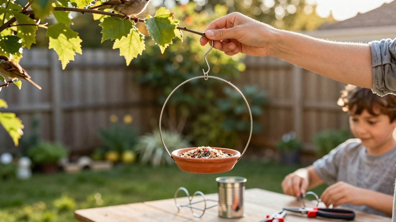 Mão pendura comedouro suspenso numa árvore, com menino ao fundo a trabalhar numa mesa de jardim.