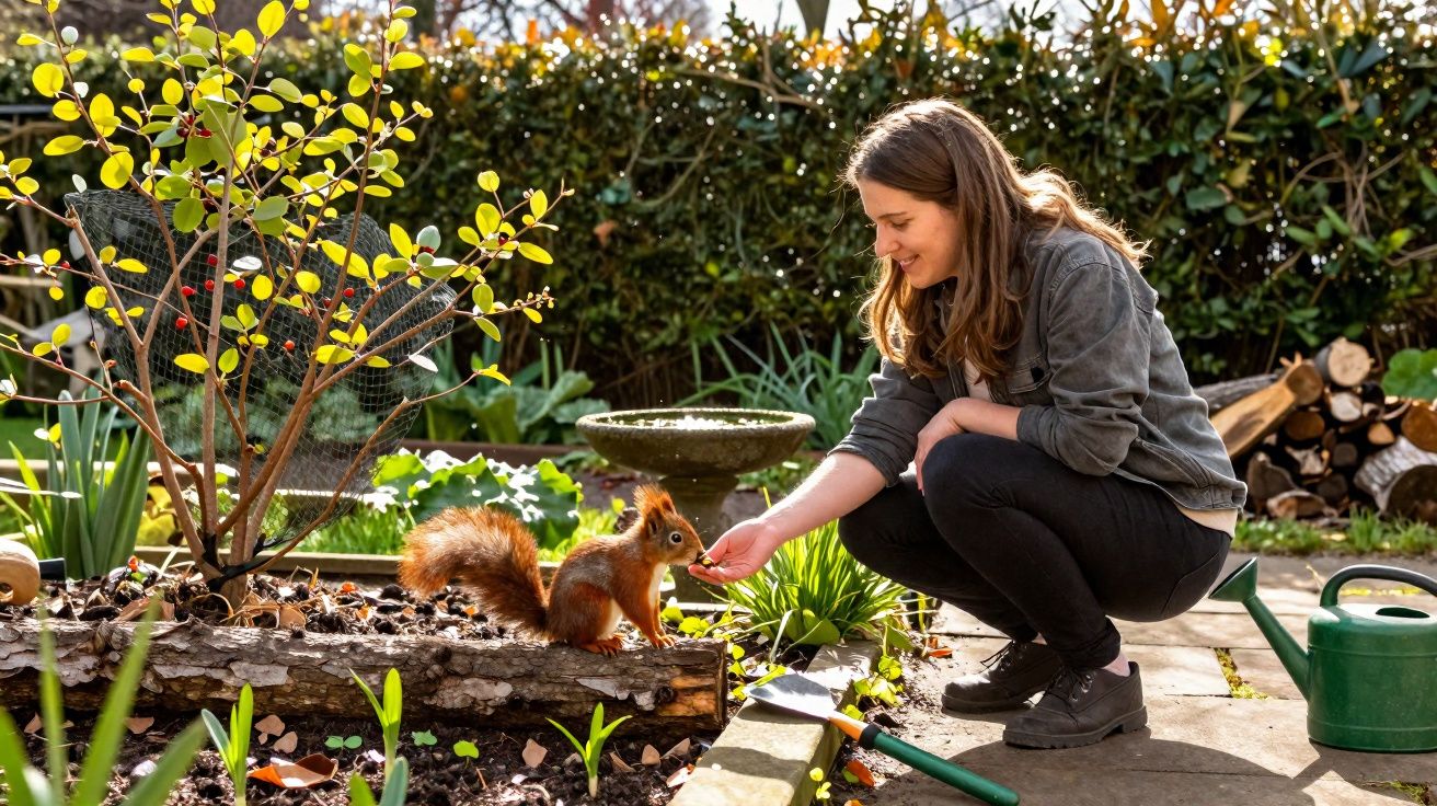 Mulher alimenta esquilo num jardim florido com ferramentas de jardinagem visíveis ao redor.