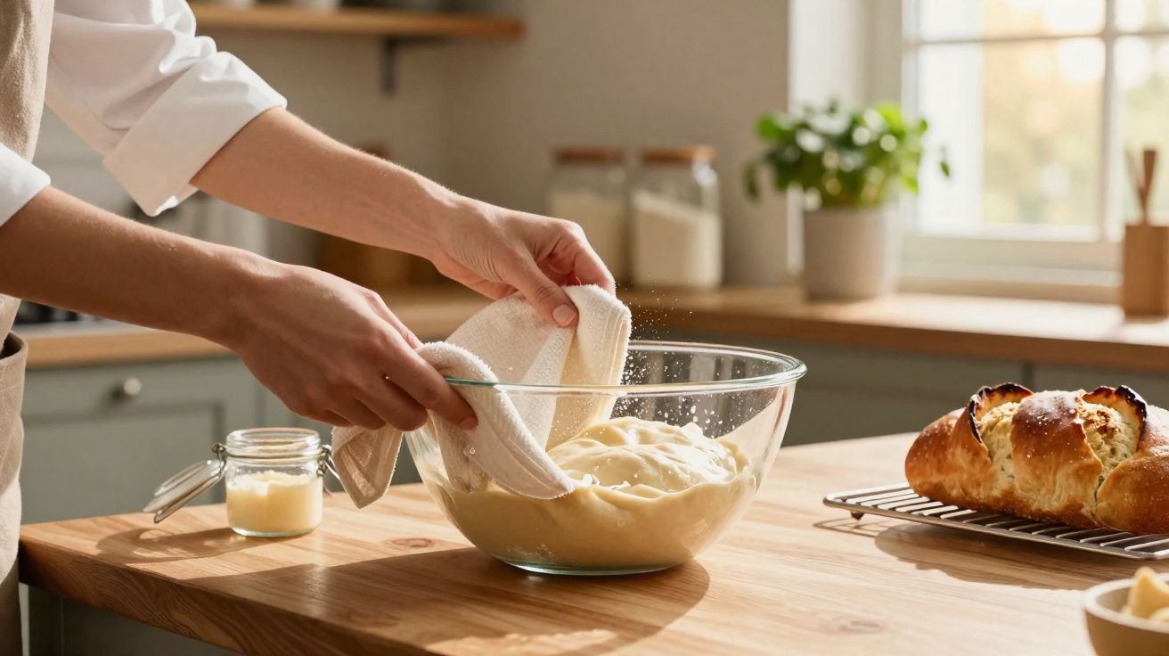 Pessoa a polvilhar farinha numa tigela com massa para pão numa cozinha iluminada a luz natural.