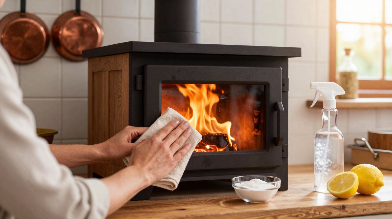 Pessoa a limpar o vidro de uma salamandra a lenha com panos e ingredientes naturais numa cozinha.