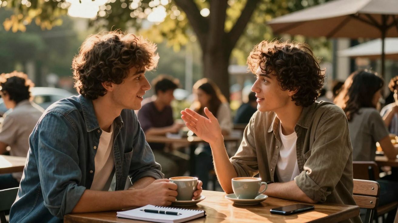Dois jovens conversam enquanto tomam café num café ao ar livre durante o dia.