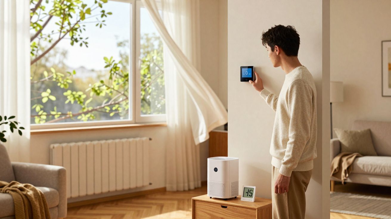 Homem ajusta termostato inteligente numa sala luminosa com mobiliário moderno e ar condicionado portátil.