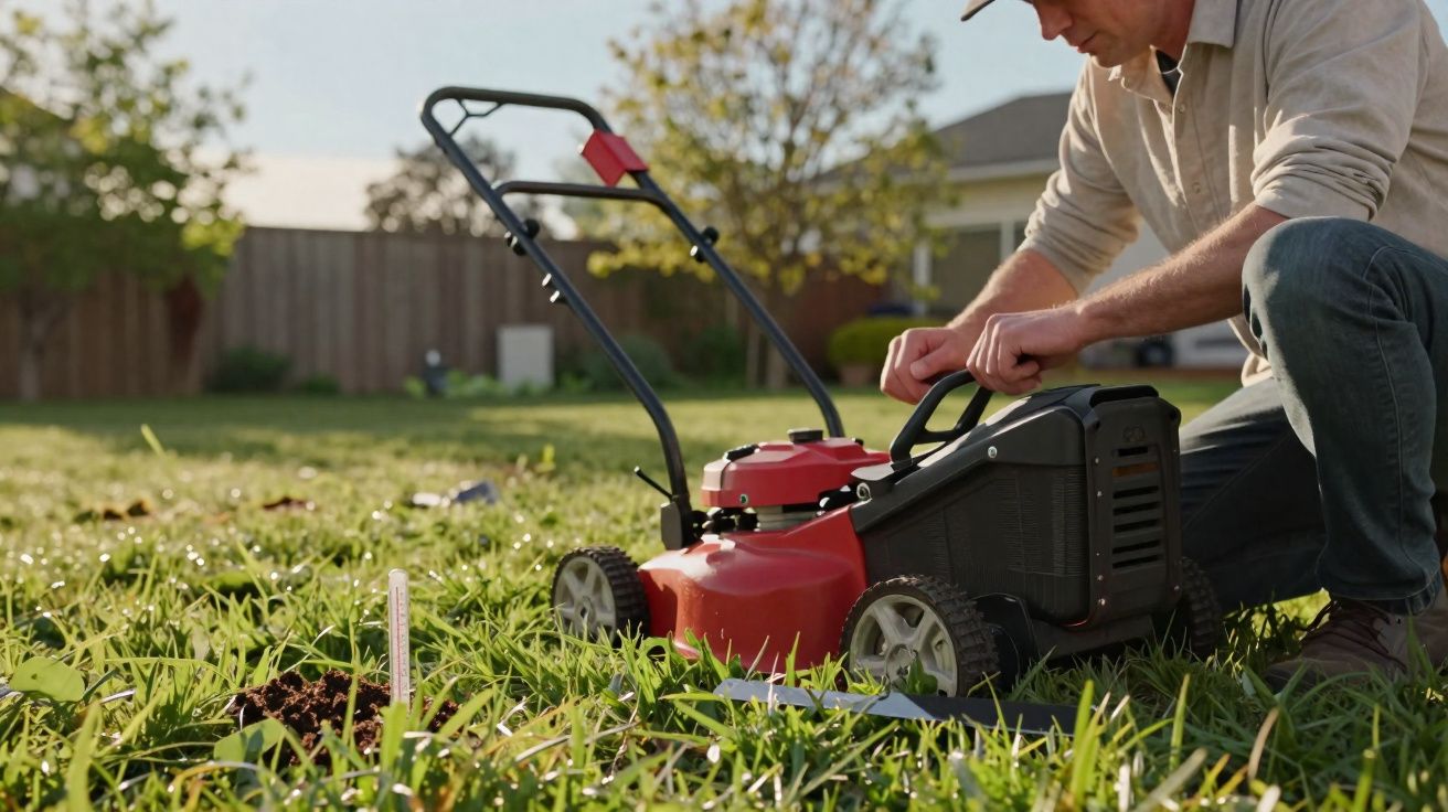 Homem prepara cortador de relva vermelho numa relva verde ao ar livre num dia ensolarado.