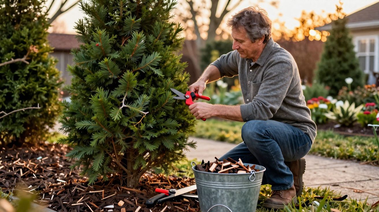 Homem a podar árvore com tesoura de jardinagem num jardim ao pôr do sol.