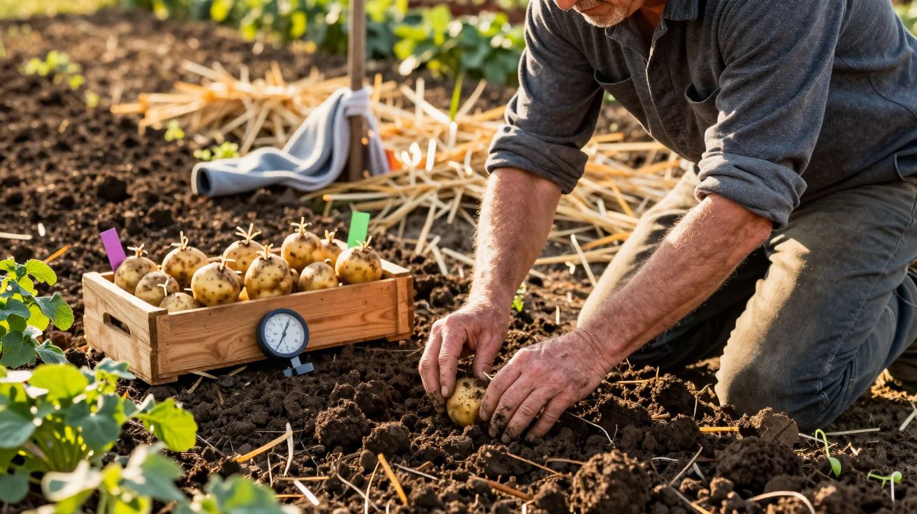 Homem a plantar batatas numa horta com sementes organizadas numa caixa de madeira ao lado.